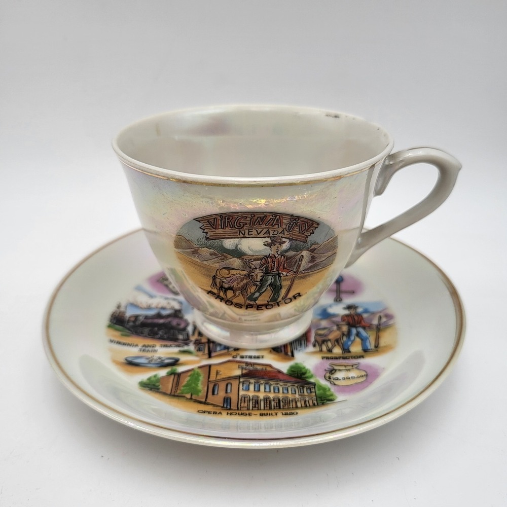 Vintage Souvenir Tea Cup & Saucer Iridescent Virginia City Nevada Prospector